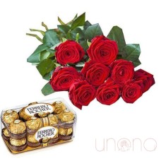 Roses and Ferrero Chocolates (red / premium (imported from Holland))